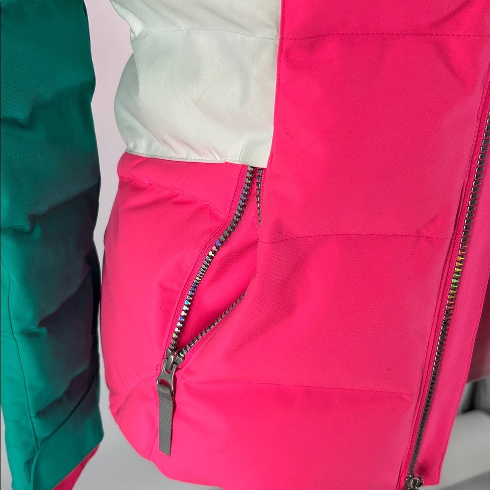 Spyder Girls Insulated Ski Jacket Pink Green Faux Fur Hood Size 16 - Picture 5 of 16